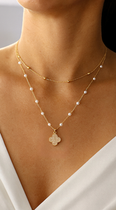 May Double Pearled Clover Necklace - Gold